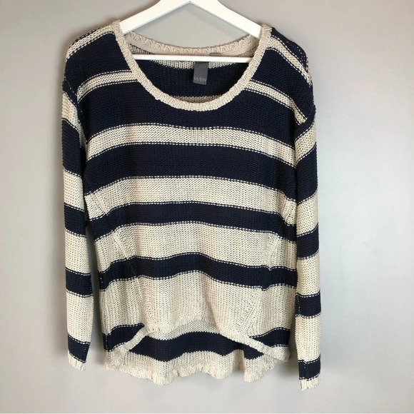QUINN Colorblock Striped Navy Sweater Top Medium - Picture 1 of 5